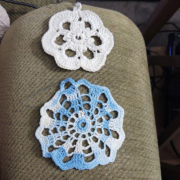 Vintage Handmade Crocheted Christmas Ornaments Set of 2 White & Blue - Picture 1 of 5